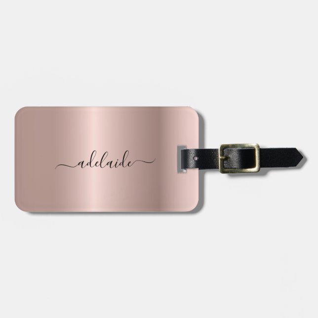 Moderne Rose Gold Monogram Chic Girl Script Name Gepäckanhänger (Vorderseite horizontal)