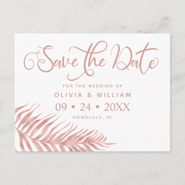 Moderne Rose Gold Palm Leaf Hochzeit Ankündigungspostkarte (Vorderseite)