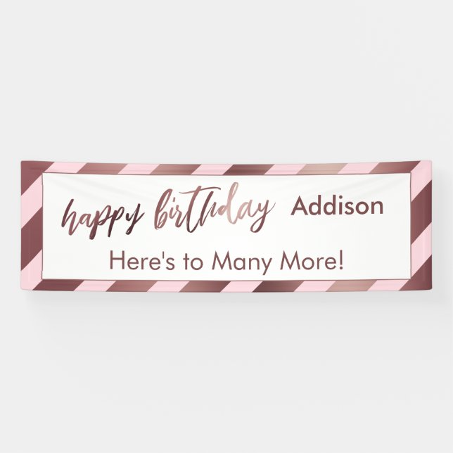 Moderne Rose Gold Pastellfarben Rosa Streifen Happ Banner (Horizontal)