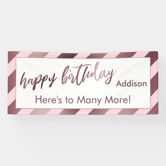Moderne Rose Gold Pastellfarben Rosa Streifen Happ Banner (Horizontal)