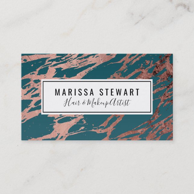 Moderne Rose Gold Pfau Aquamarin Marmor Visitenkarte (Vorderseite)