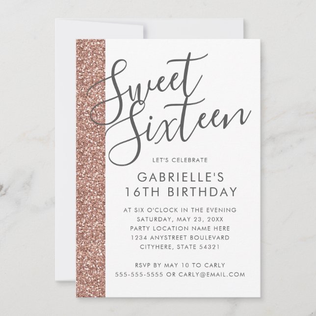 Moderne Rose Gold Pink Glitzer Sweet 16 Einladung (Vorderseite)