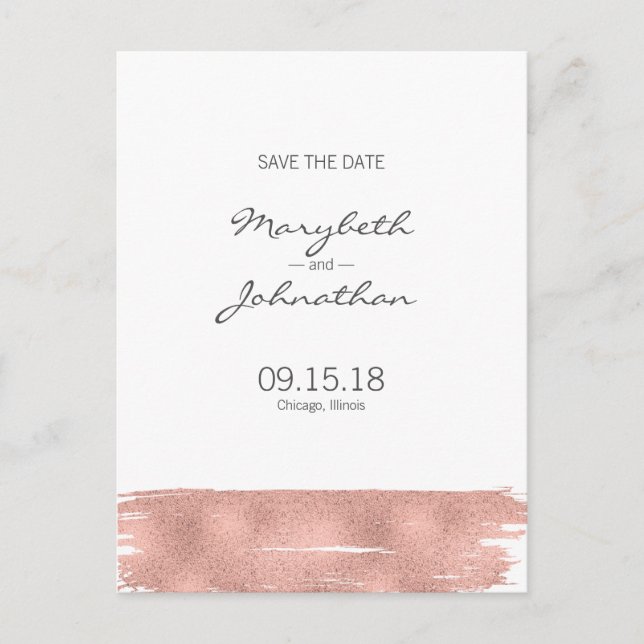 Moderne Rose Gold Pinsel Save the Date Postkarte (Vorderseite)