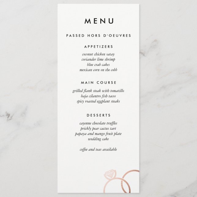 Moderne Rose Gold Rings Custom Wedding Menu Menükarte (Vorderseite)