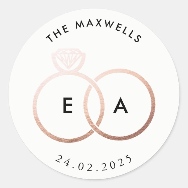 Moderne Rose Gold Rings Custom Wedding Sticker (Vorderseite)