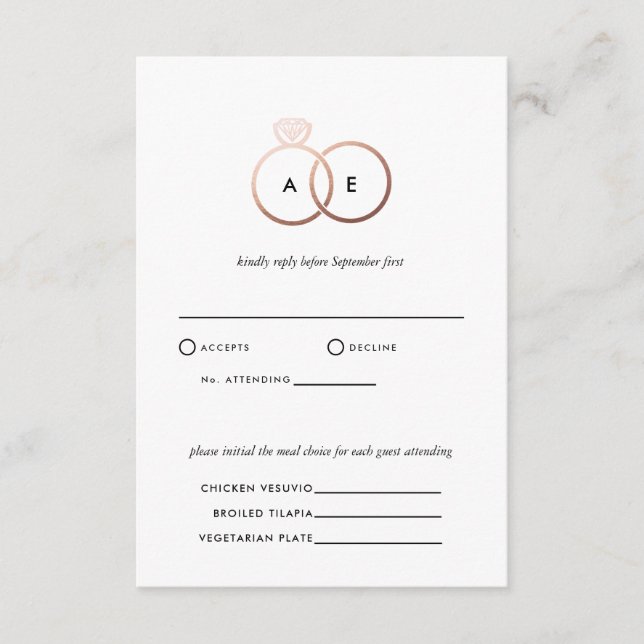 Moderne Rose Gold Rings Hochzeit RSVP Replik Card Begleitkarte (Vorderseite)