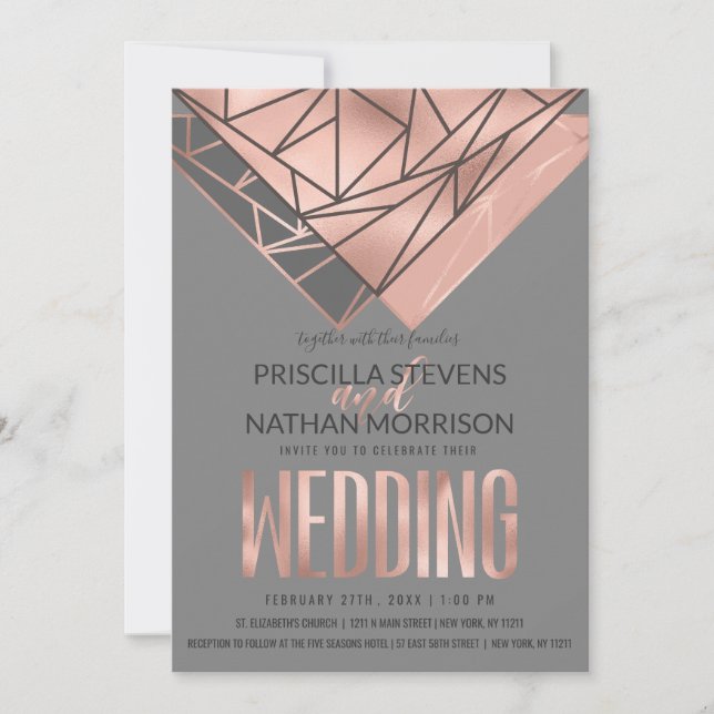 Moderne Rose Gold Rose Gold Gray Geometrische Hoch Einladung (Vorderseite)