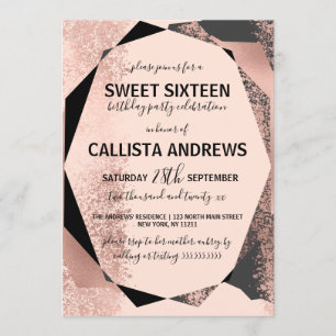 Moderne Rose Gold Schwarz Geometrische Sweet 16 Einladung