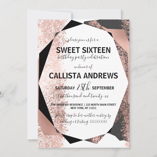 Moderne Rose Gold Schwarz-weiß Geometric Sweet 16 Einladung (Vorderseite)