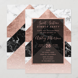 Moderne Rose Gold Schwarz-weißer Marmor Sweet 16 Einladung