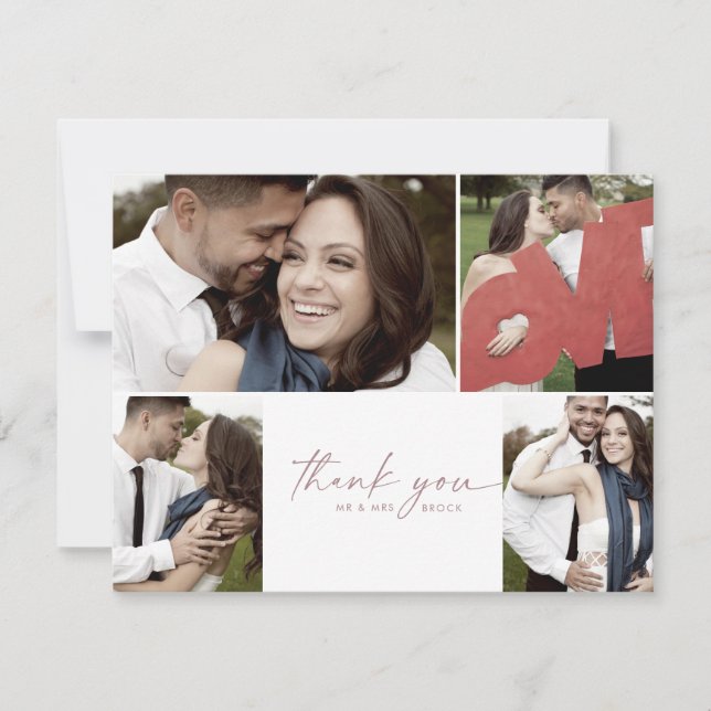 Moderne Rose Gold Script 4 Foto Collage Wedding Dankeskarte (Vorderseite)
