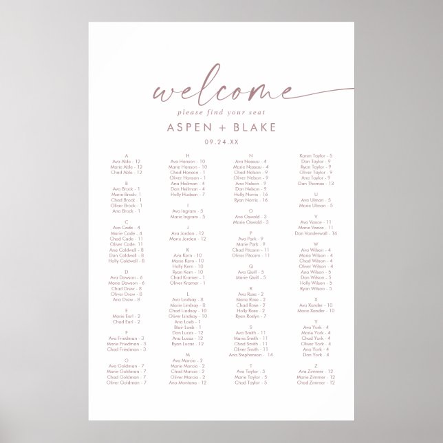 Moderne Rose Gold Script Alphabetisches Seekarten Poster (Vorne)