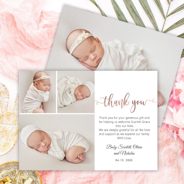 Moderne Rose Gold Script Baby 3 Foto Collage Dankeskarte (Von Creator hochgeladen)