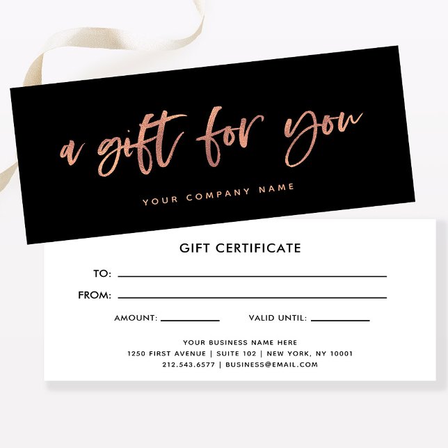 Moderne Rose Gold Script | Black Gift Certificate (Von Creator hochgeladen)