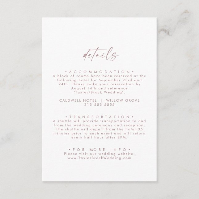 Moderne Rose Gold Script Hochzeitsdetails Begleitkarte (Vorderseite)
