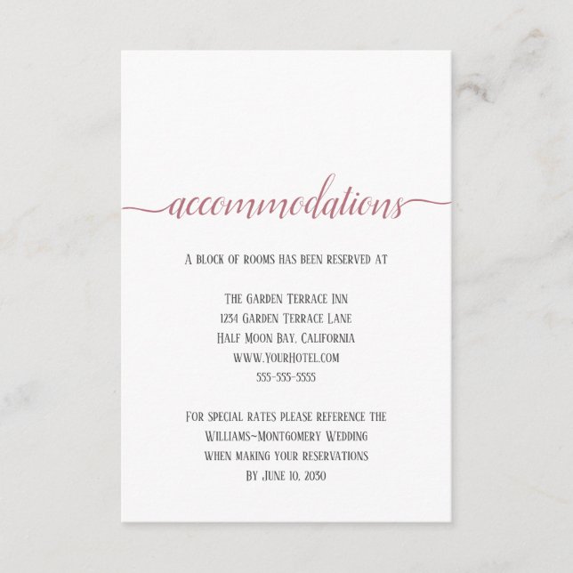 Moderne Rose Gold Script Hochzeitsunterkünfte Begleitkarte (Vorderseite)