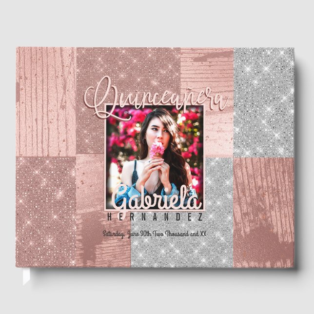 Moderne Rose Gold Silver Glitzer Foto Quinceañera Gästebuch (Vorderseite)
