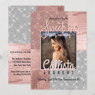 Moderne Rose Gold Silver Glitzer Foto Sweet 16 Einladung