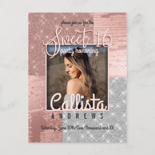 Moderne Rose Gold Silver Glitzer Foto Sweet 16 Einladungspostkarte