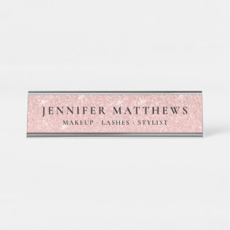 Moderne Rose Gold Sparkle Glitzer Makeup Schreibtischnamensplakette