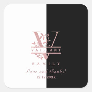 Moderne Rose Gold Split Custom Monogram V Quadratischer Aufkleber