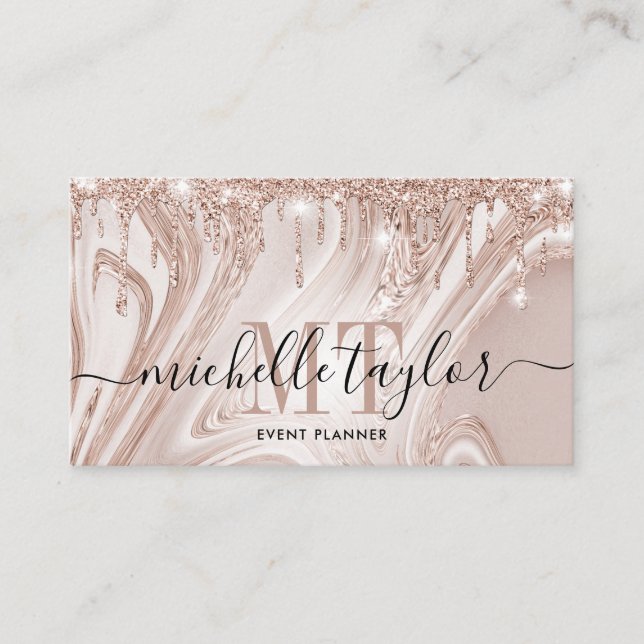 Moderne Rose Gold Tropfen Marmor-Monogramm Visitenkarte (Vorderseite)