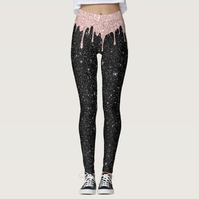 Moderne Rose Gold Tropfen Schwarzer Glitzer Glitze Leggings (Vorderseite)