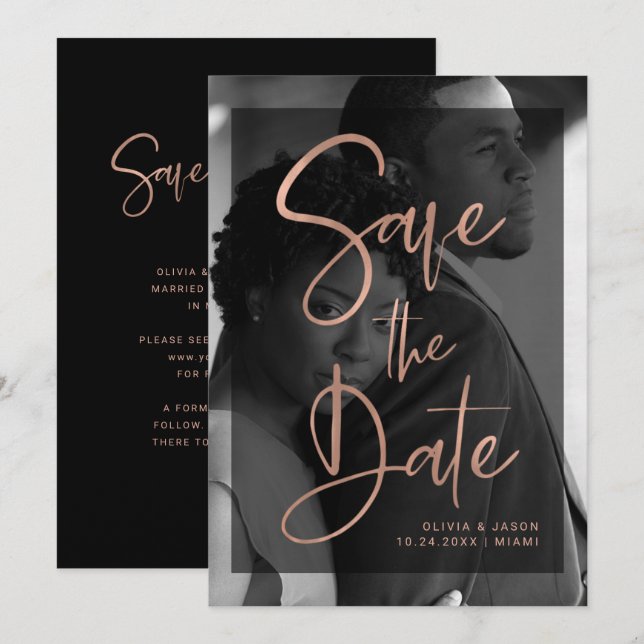Moderne Rose Gold und Black Overlay | FOTO Save The Date (Vorne/Hinten)