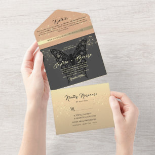 Moderne Rose Gold und Black Wedding All In One Einladung