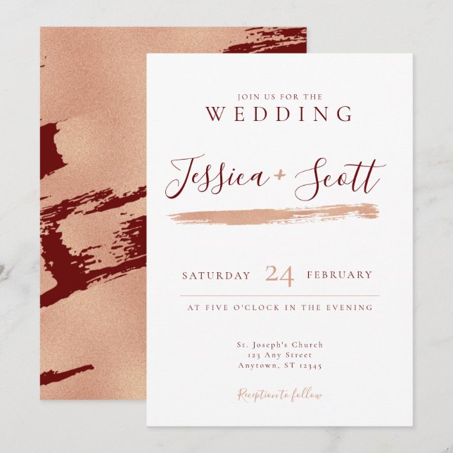Moderne Rose Gold und Burgandy Wedding Einladung (Vorne/Hinten)