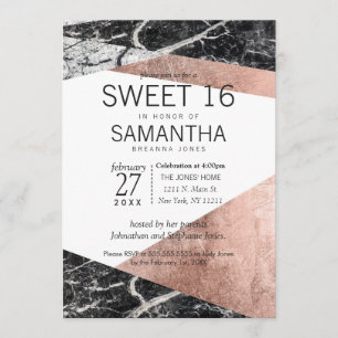 Moderne Rose Gold und Marmor Sweet 16 Einladungen
