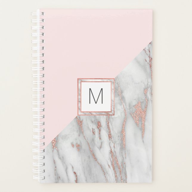 Moderne Rose Goldfolie Rosa grauer Marmor | MONOGR Planer (Vorderseite)