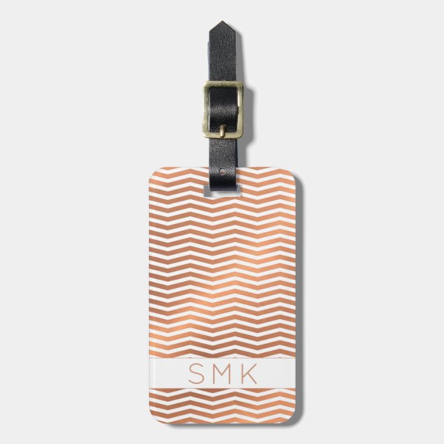 Moderne Rose Goldfolie Zickzack auf White Monogram Gepäckanhänger (Vorderseite vertikal)