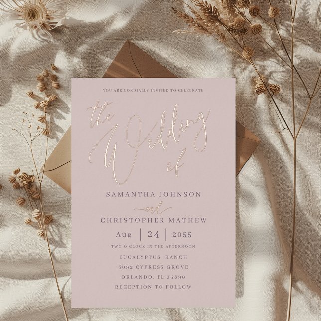Moderne Rose-Goldkalligrafie-Hochzeit Folieneinladung (Von Creator hochgeladen)