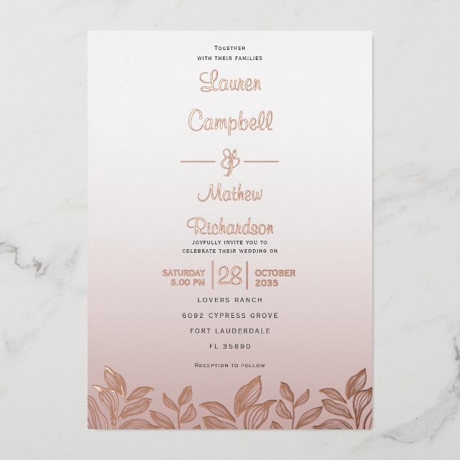 Moderne Rose Goldkalligraphie Das Hochheiraten von Folieneinladung (Vorderseite)