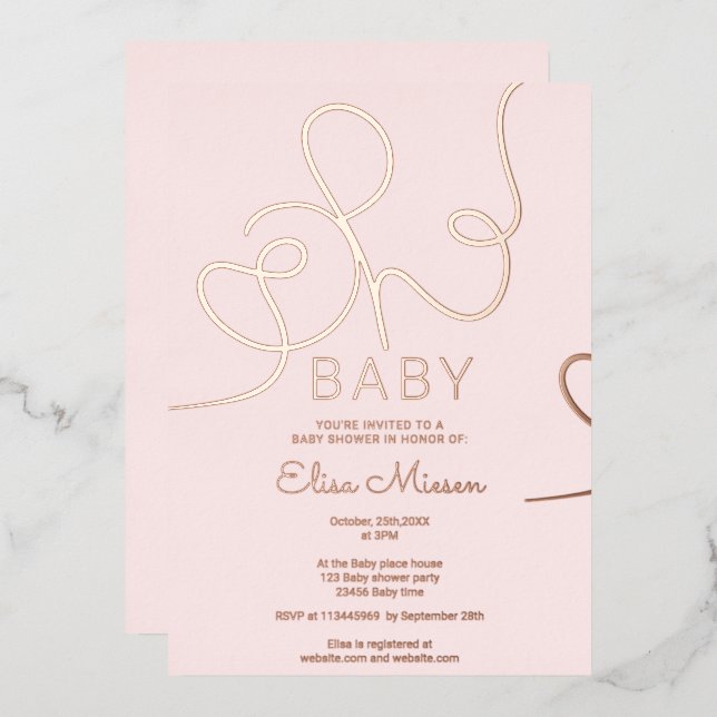 Moderne Rose Goldkalligraphie Oh Babydusche Folieneinladung (Vorderseite/Rückseite)