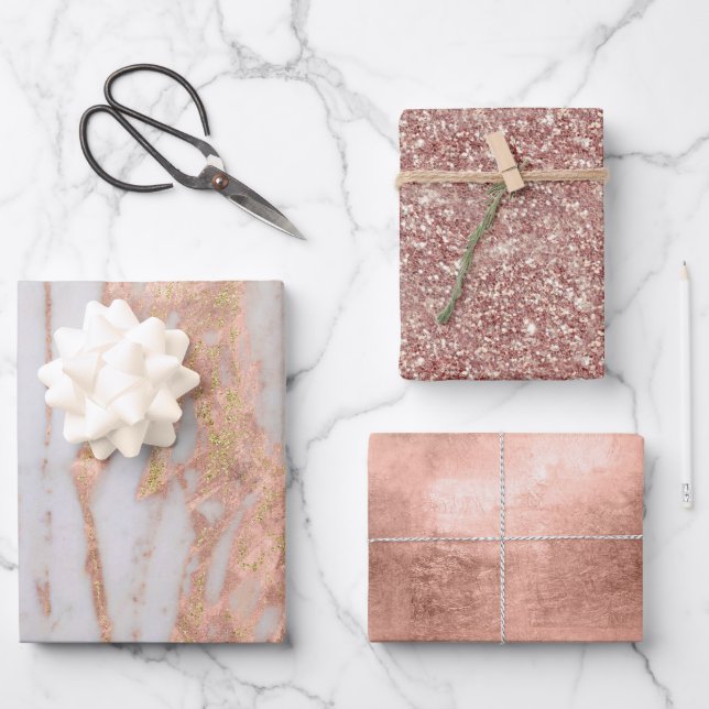 Moderne Rose Goldmedaille Glitzer Foil Geschenkpapier Set (Vorderseite)