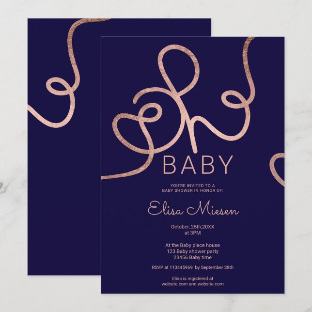 Moderne Rose Goldmedaille Kalligraphie Oh Babydusc Einladung (Vorne/Hinten)