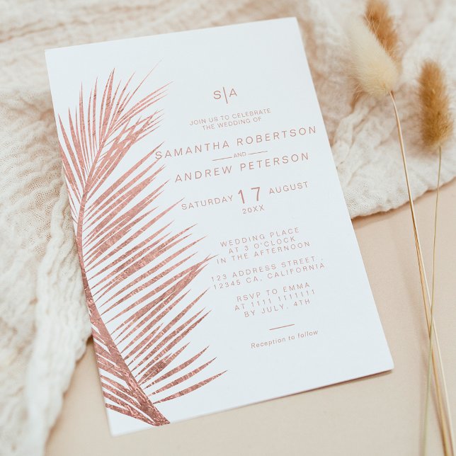 Moderne Rose Goldpalmenblatt-Hochzeit Einladung (Modern rose gold palm leaf white wedding invitation)