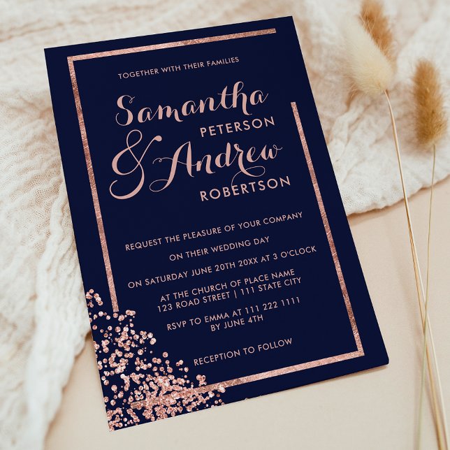Moderne Rose Goldrahmen Marine Konfetti Hochzeit Einladung (Modern rose gold frame navy confetti wedding invitation)