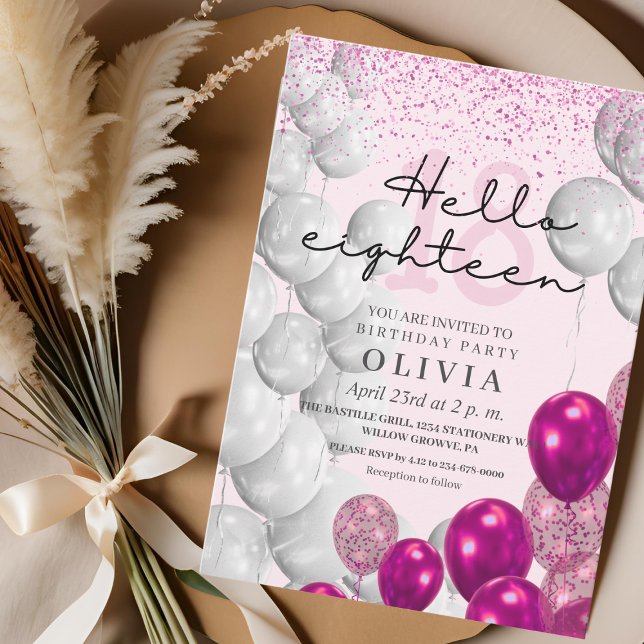 Moderne Rose Rosa 18. Geburtstag Glitzer Balloons Einladung (Von Creator hochgeladen)