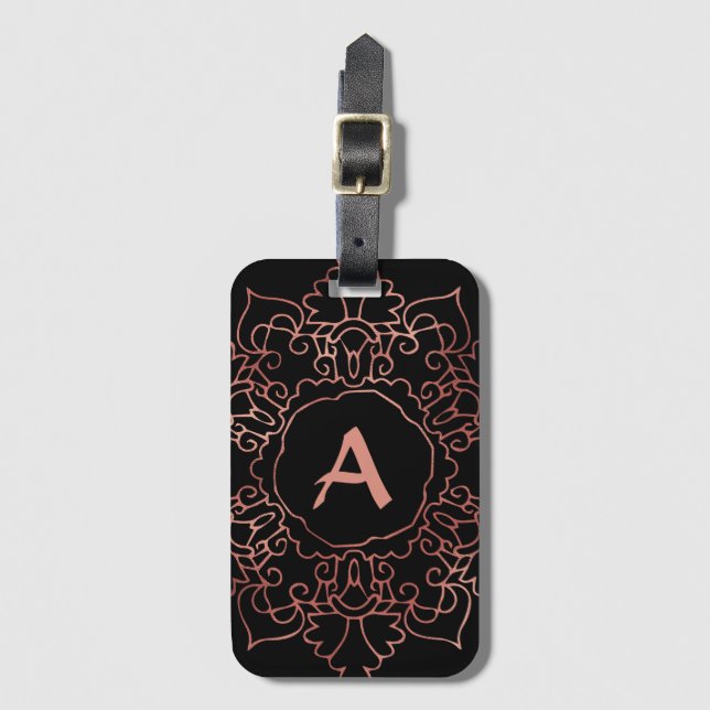 Moderne Rose Rose Gold Foil Mandala Monogram Black Gepäckanhänger (Vorderseite Vertikal)