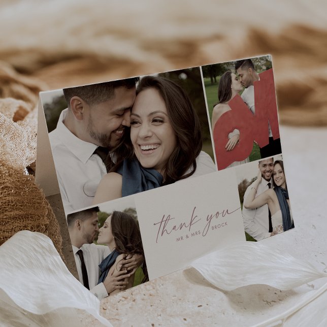 Moderne Rose Skript 4 FotoCollage geklappt Hochzei Dankeskarte (Von Creator hochgeladen)