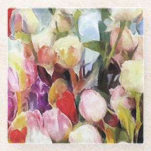 Moderne Rose Tulips Bouquet: Abstrakte Ölmalerei Glasuntersetzer