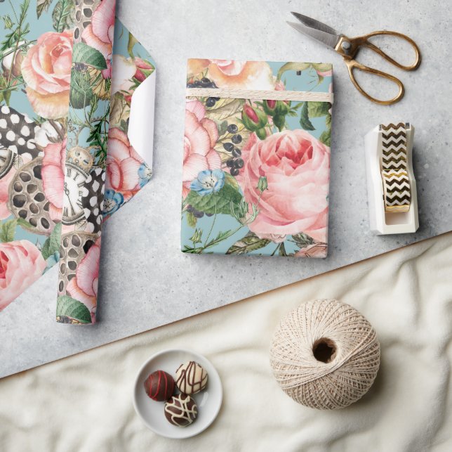 Moderne Rose und Uhrenmuster blau Geschenkpapier (Kunsthandwerk)