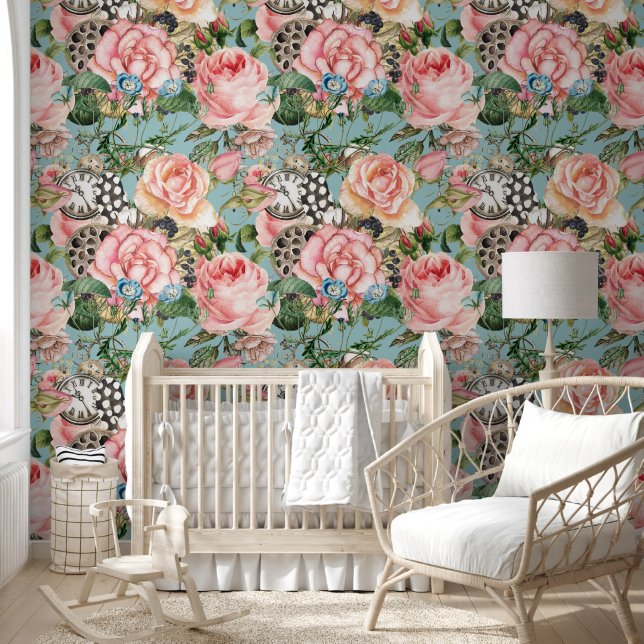 Moderne Rose und Uhrenmuster blau Tapete (Kinder)