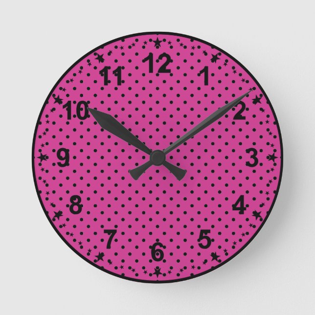 Moderne Rose Violet und Schwarze Punkte Runde Wanduhr (Vorderseite)