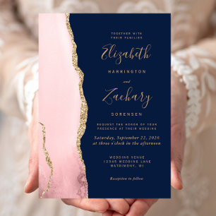 Moderne Roségold-Achat-Navyblau-Hochzeit Einladung