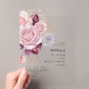 Moderne Roségold-Blush-Blumenhochzeit Acryleinladungen
