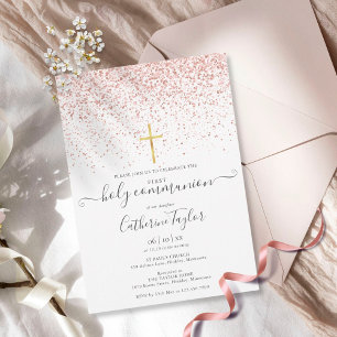 Moderne Roségold Glitter Erste Heilige Kommunion Einladung
